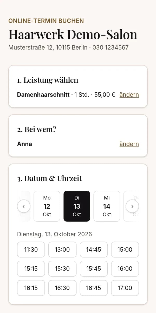 Buchungsseite des Demo-Salons auf dem Smartphone: Leistung, Mitarbeiterin und freie Uhrzeiten